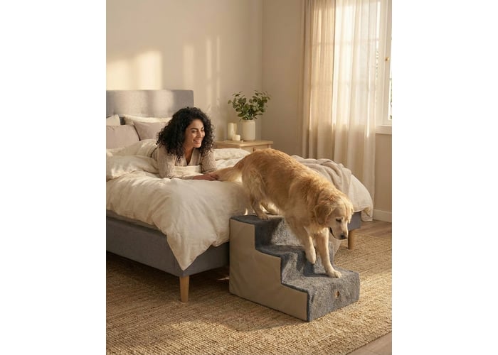Ortopedik Basamaklı Fermuarlı Kedi ve Köpek Merdiveni (Bej , L) - Holidog
