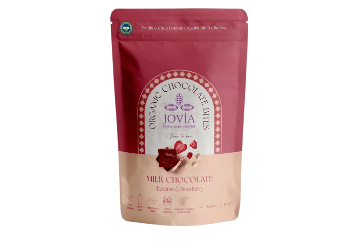 Jovia Fındık ve Çilek Dolgulu Organik Sütlü Çikolata (85gr)