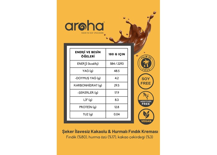Kakaolu Hurmalı Fındık Kreması (%80 Fındık, Şeker İlavesiz, 320gr) - Aroha