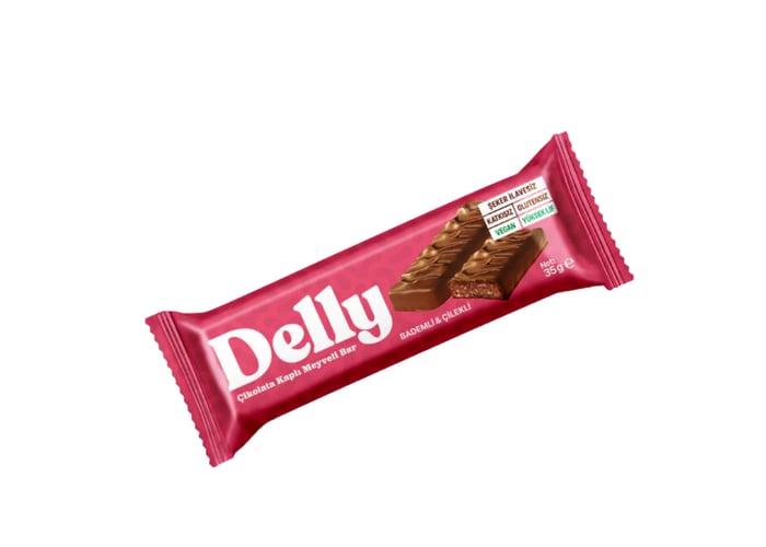 Çikolata Kaplı Bademli & Çilekli Meyveli Bar (35gr) - Delly