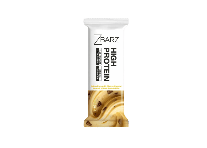 Kakao Parçacıklı Muz ve Karamel Aromalı Yüksek Proteinli Bar (12 adet x 35gr) - Zbarz