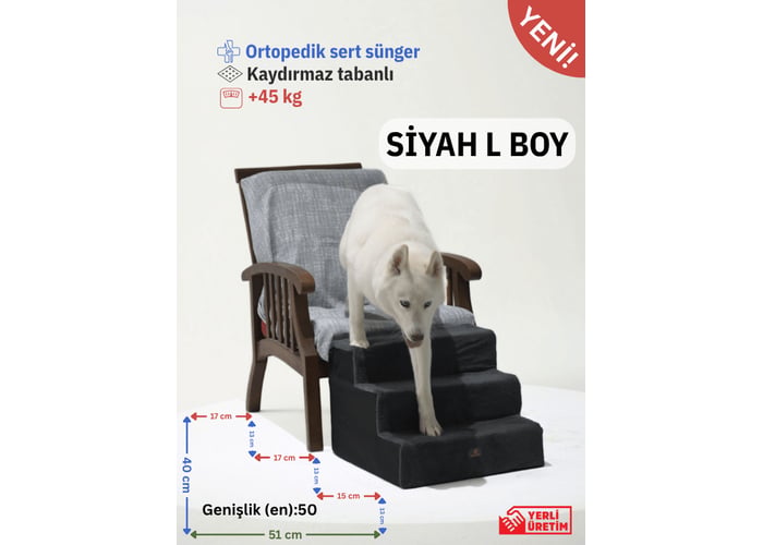 Ortopedik Basamaklı Fermuarlı Kedi ve Köpek Merdiveni (Siyah , L) - Holidog