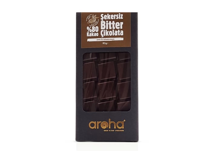Şekersiz Bitter Çikolata (%80 Kakao, Stevia ile Tatlandırılmıştır, 80gr) - Aroha