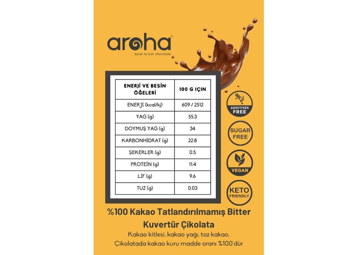 Bitter Kuvertür Çikolata (%100 Kakao, Tatlandırılmamış, 500gr) - Aroha
