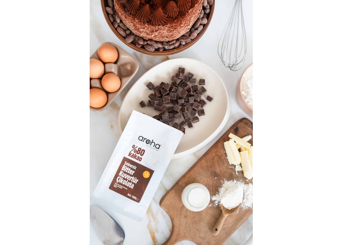 Şekersiz Bitter Kuvertür Çikolata (%80  Kakao, Stevia ile Tatlandırılmış, 500gr) - Aroha