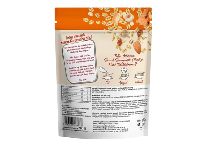 Karışık Kuruyemişli Müsli (Glutensiz, 270gr) - Fellas