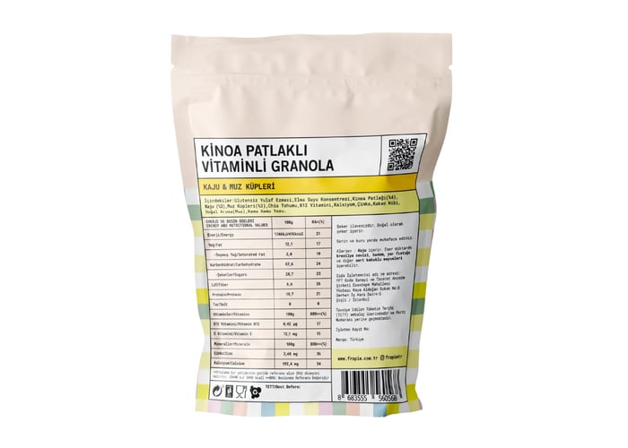 Kinoa Patlaklı, Vitaminli, Kaju & Muz Küpleri Granola (240gr) - Fropie