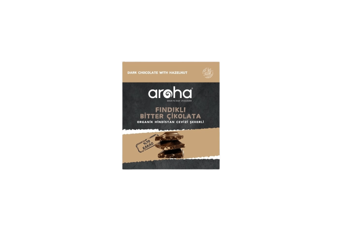 Fındıklı Bitter Çikolata Organik Hindistan Cevizi Şekerli (%70 Kakao, 40gr) - Aroha