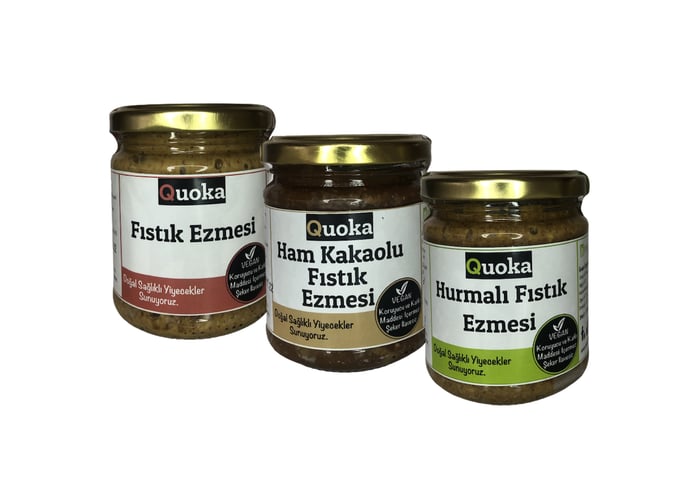 3 Çeşit Fıstık Ezmesi (3x200gr, Şekersiz, Hurmalı, Ham Kakaolu) - Quoka