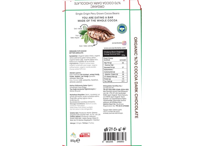 Organik %70 Bitter Çikolata (85gr) - Jovia