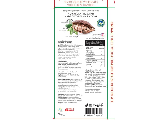 Organik %80 Bitter Portakallı Çikolata (85gr) - Jovia