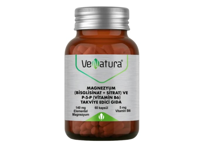 Magnezyum (Bisglisinat + Sitrat) ve P5P, Vitamin B6 (60 kapsül) - Venatura