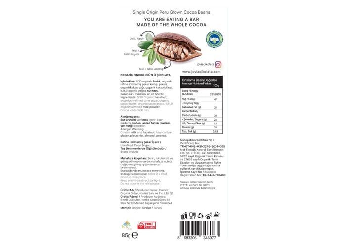 Organik Sütlü Çikolata (Fındıklı, 85gr) - Jovia