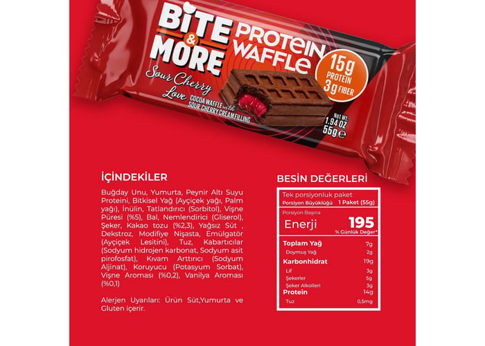 Protein Waffle Vişneli (12 adet x 55gr) - Bite&more