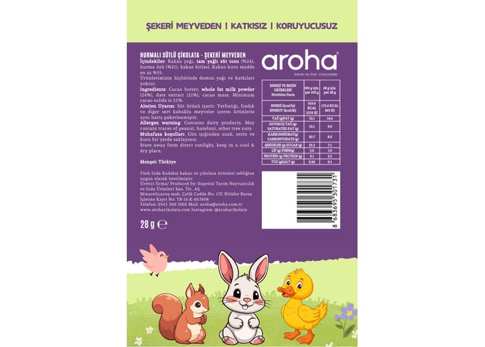 Kids Hurmalı Sütlü Çikolata (Şekeri Meyveden, 28gr) - Aroha