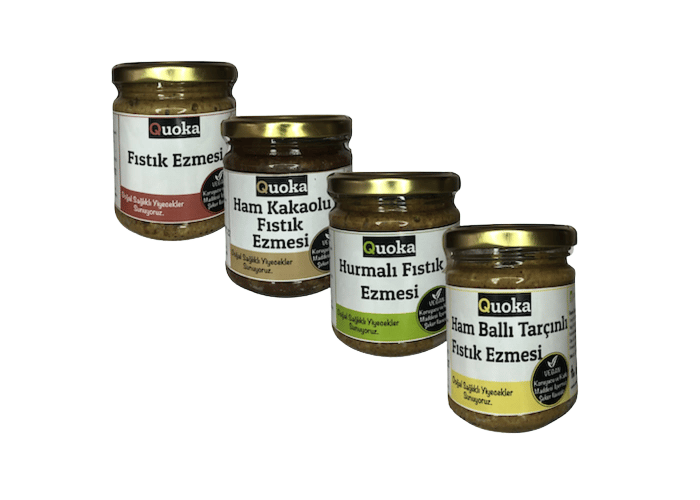 4 Çeşit Fıstık Ezmesi (3x200gr, Şekersiz, Hurmalı, Ham Kakaolu, Ballı Tarçınlı) - Quoka