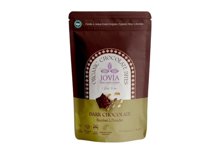 Jovia Fındık ve Antep Fıstık Dolgulu Organik Bitter Çikolata (Vegan, 85gr)