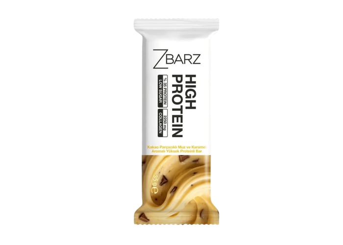Kakao Parçacıklı Muz ve Karamel Aromalı Yüksek Proteinli Bar (35gr) - Zbarz