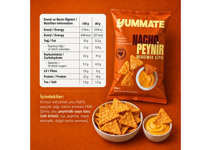 Nacho Aromalı Mercimek Cipsi (80gr) - Yummate