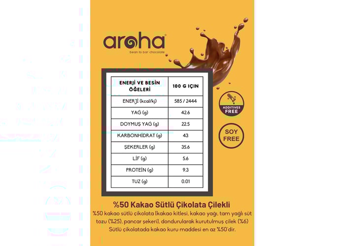 Çilekli Sütlü Çikolata (%50 Kakao, 85gr) - Aroha