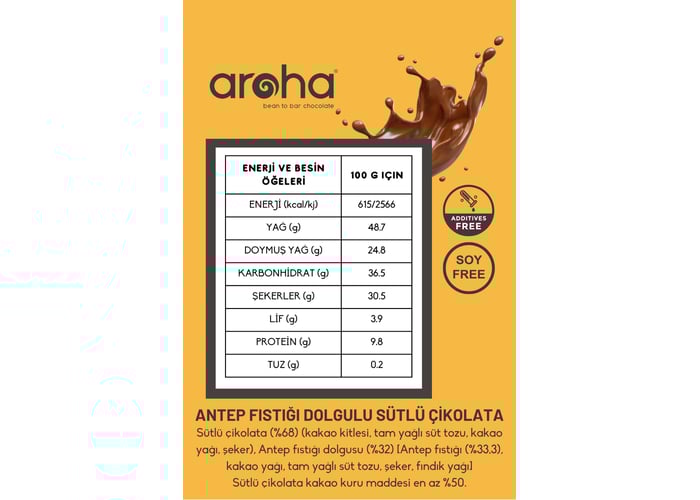 Antep Fıstığı Dolgulu Sütlü Çikolata (38gr) - Aroha