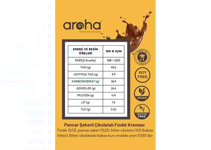 Çikolatalı Fındık Kreması (%72 Fındık, 180gr) - Aroha