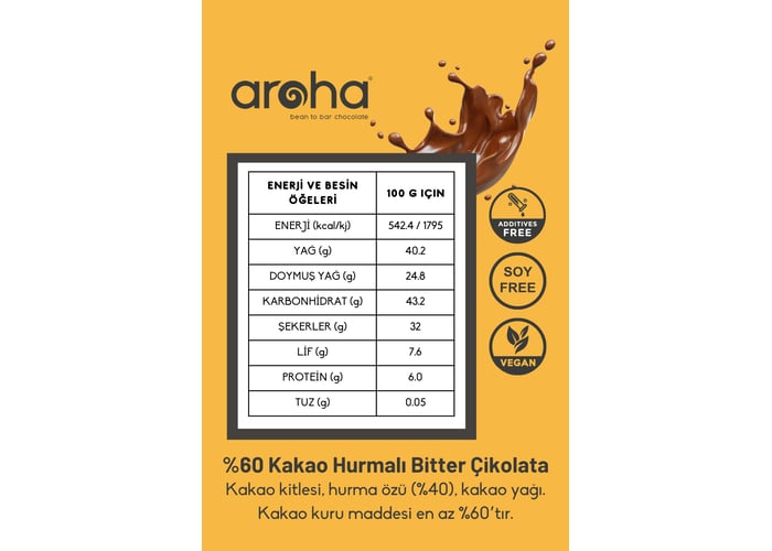 Hurmalı Bitter Çikolata (Şeker İlavesiz, %60 Kakao, 45gr) - Aroha