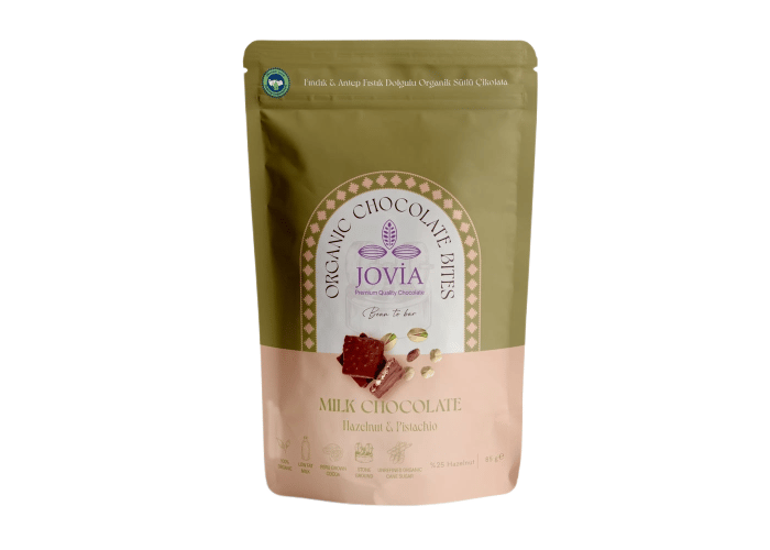 Jovia Fındık ve Antep Fıstık Dolgulu Organik Sütlü Çikolata (85gr)