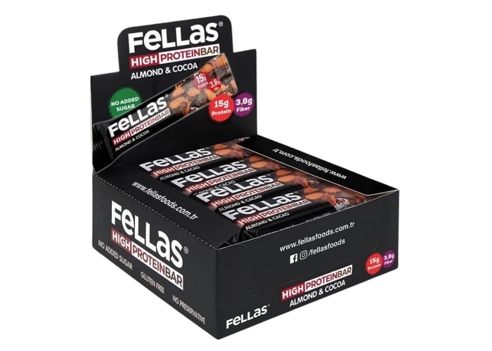 Bademli ve Kakaolu Yüksek Protein Bar (12 adet x 45gr) - Fellas