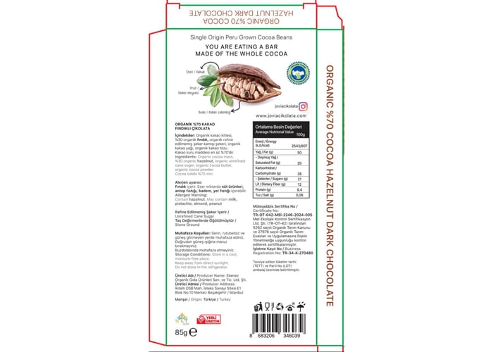 Organik %70 Bitter Çikolata (Fındıklı, 75gr) - Jovia