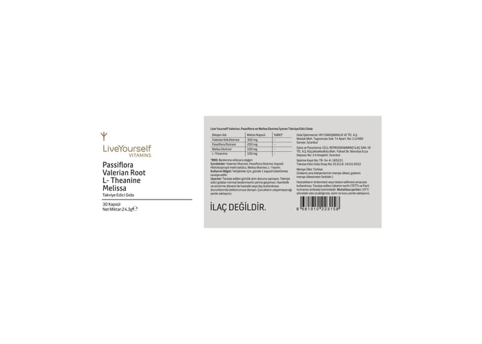 Passiflora Valerian Root L-Theanine Melissa (30 kapsül) - Live Yourself
