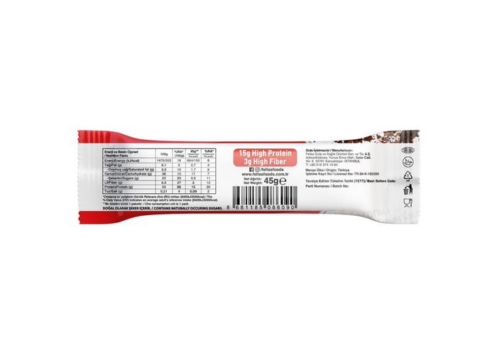 Yüksek Protein Bar - Hindistan Cevizli ve Kakaolu (Glutensiz, 45gr) - Fellas
