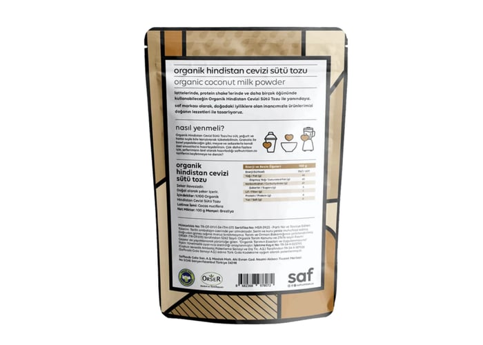 Organik Hindistan Cevizi Sütü Tozu (100gr) - Saf Nutrition