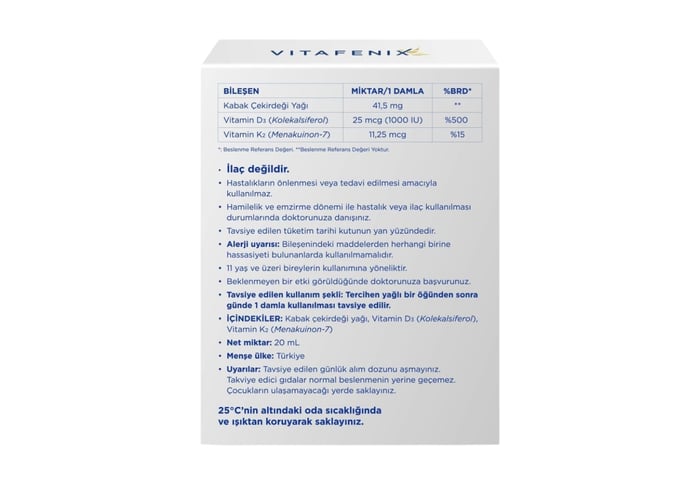 D3K2 ve Kabak Çekirdeği Yağı İçeren Takviye Edici Gıda (400 damla, 20ml) - Vitafenix