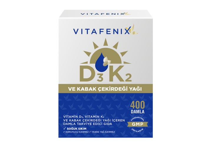 D3K2 ve Kabak Çekirdeği Yağı İçeren Takviye Edici Gıda (400 damla, 20ml) - Vitafenix