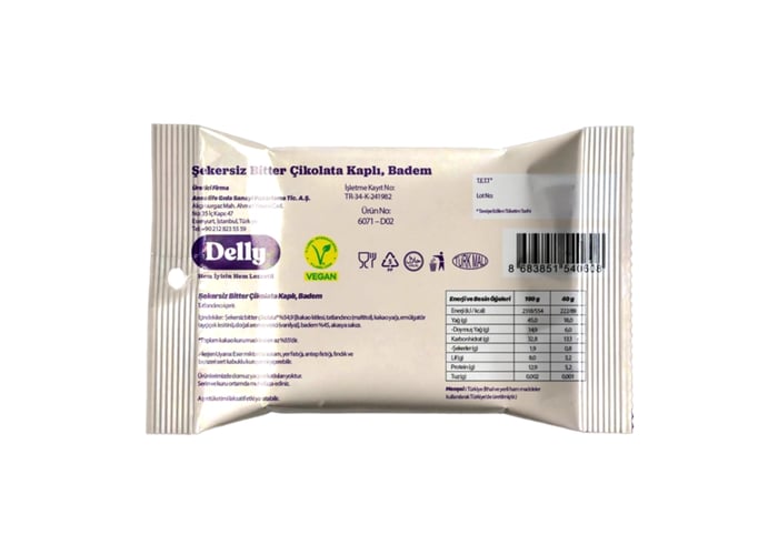 Şekersiz Bitter Çikolata Kaplı Badem (40gr) - Delly