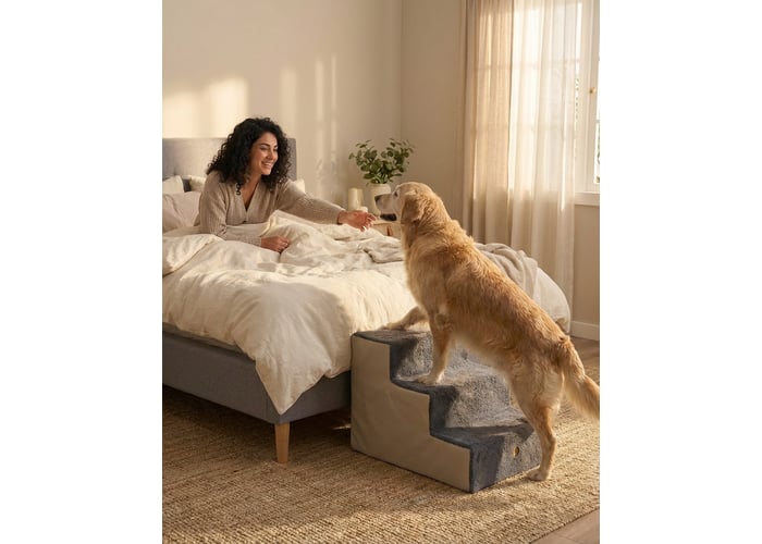 Ortopedik Basamaklı Fermuarlı Kedi ve Köpek Merdiveni (Bej , L) - Holidog
