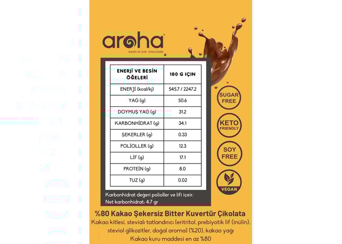 Şekersiz Bitter Kuvertür Çikolata (%80  Kakao, Stevia ile Tatlandırılmış, 500gr) - Aroha