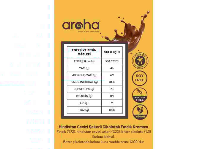 Hindistan Cevizi Şekerli Çikolatalı Fındık Kreması (%72 Fındık, 180gr) - Aroha