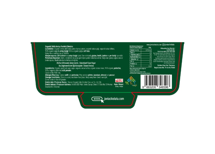 Organik Sütlü Çikolata (Antep Fıstıklı, 40gr) - Jovia
