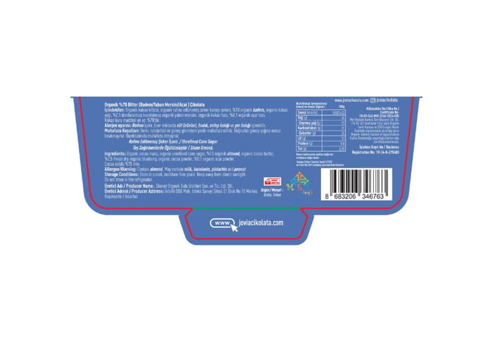 Organik %70 Bitter Çikolata, Yaban Mersini, Açai ve Bademli (3 adet x 40gr) - Jovia