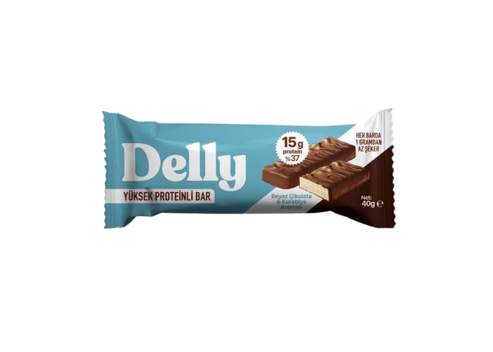 Delly Beyaz Çikolata ve Kurabiye Aromalı, Çikolata Kaplı Yüksek Proteinli Bar (40gr)