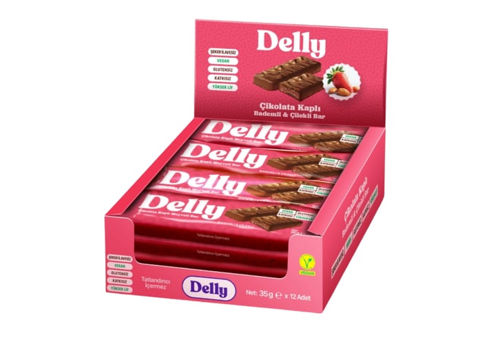Çikolata Kaplı Bademli ve Çilekli Meyveli Bar (12 adet x 35gr) - Delly