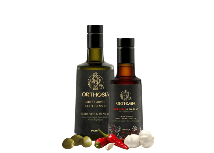 Premium Erken Hasat Soğuk Sıkım Natürel Sızma Zeytinyağı Paketi (Acılı, Sarımsak Çeşnili) - Orthosia