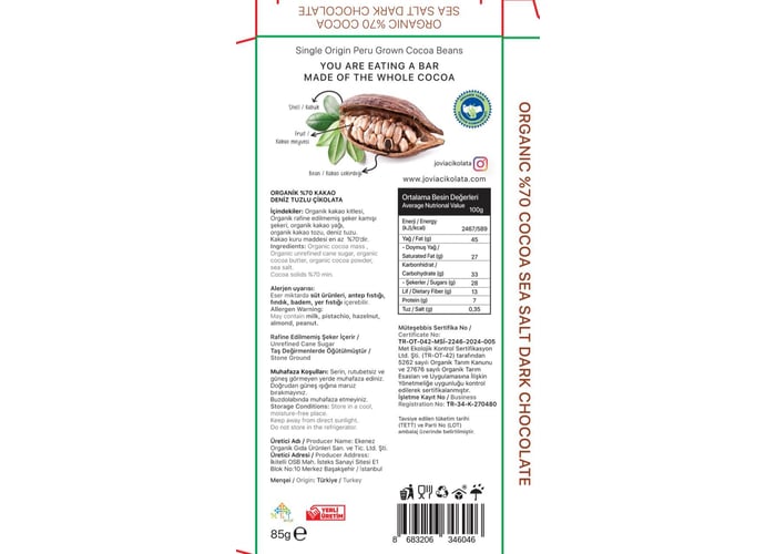 Organik %70 Bitter Çikolata (Deniz Tuzlu, 85gr) - Jovia