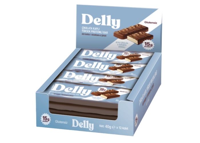 Çikolata Kaplı Beyaz Çikolata ve Kurabiye Aromalı Yüksek Proteinli Bar (12 adet x 40gr) - Delly