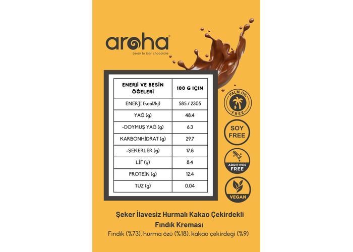 Hurmalı Kakao Çekirdekli Fındık Kreması (Şeker İlavesiz, %73 Fındık, 320gr) - Aroha