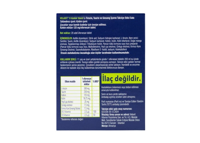 V-Gamer Boost L-Tyrosine & Taurin (20 efervesan tablet) - Velavit