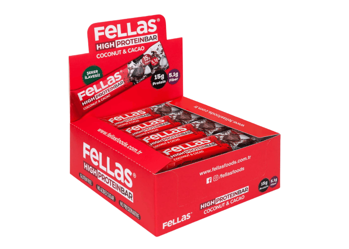 Yüksek Protein Bar - Hindistan Cevizli ve Kakaolu (12 adet x 45gr) - Fellas