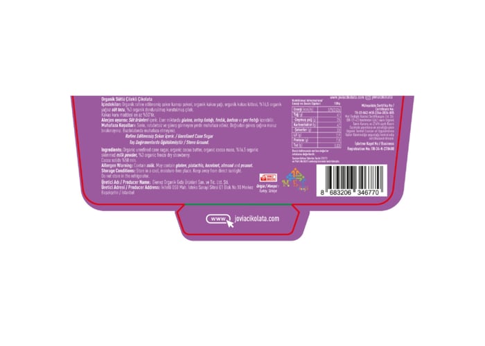 Organik Sütlü Çikolata Çilekli (Çocuklar için, 40gr) - Jovia